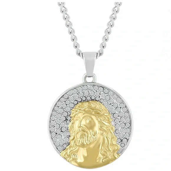 Men's Stainless Steel Crystal Religious Medallion Pendant 24”✨NWT✨ - Picture 3 of 7